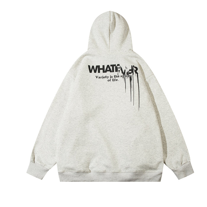 Light gray oversized hoodie shown from the back with white and black dripping text graphic