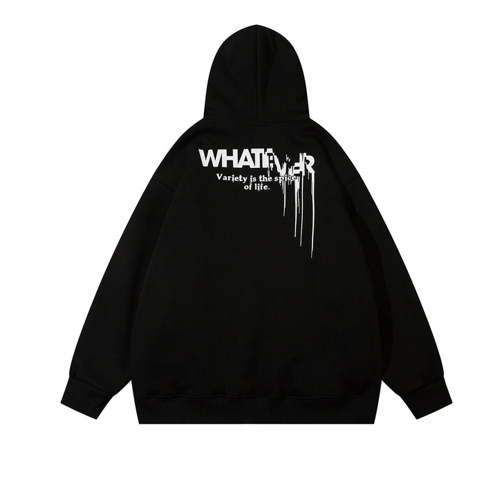 Black oversized hoodie back with white dripping text graphic across the upper back