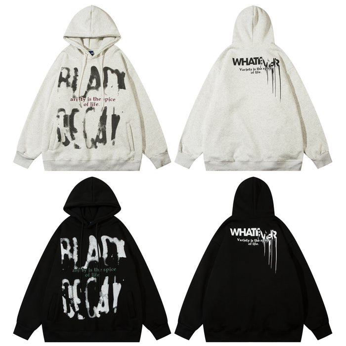 Four-view layout showing light gray and black hoodies from front and back