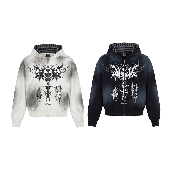 White and black zip-up hoodies with contrasting dark gothic tribal graphics on the front