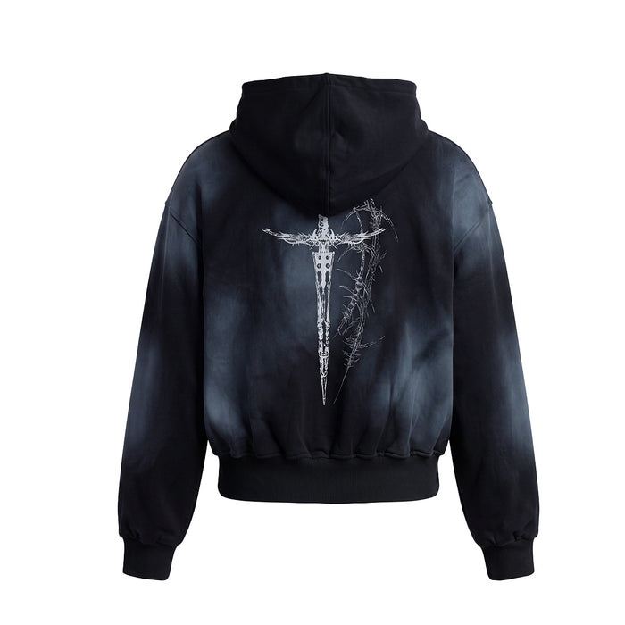 Back view of a black washed zip-up hoodie with a large white sword-like gothic graphic