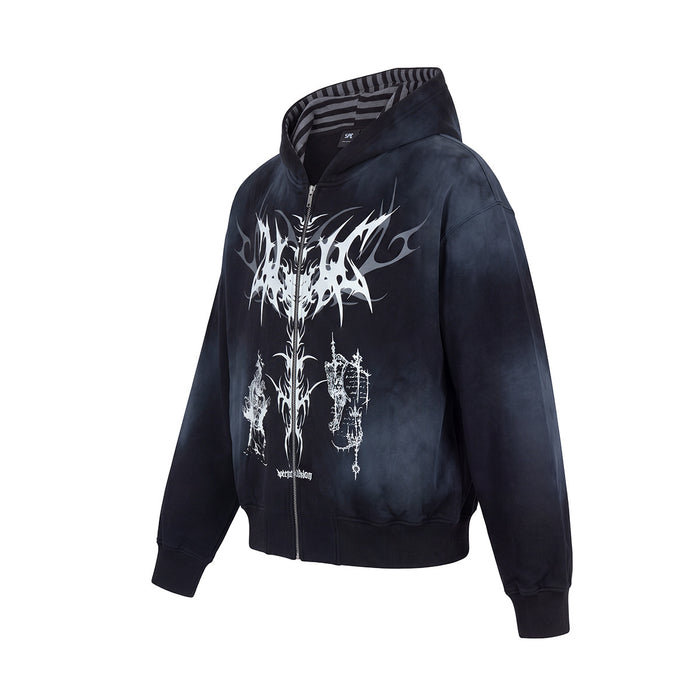 Angled front view of a black washed zip-up hoodie with a bold white tribal chest graphic