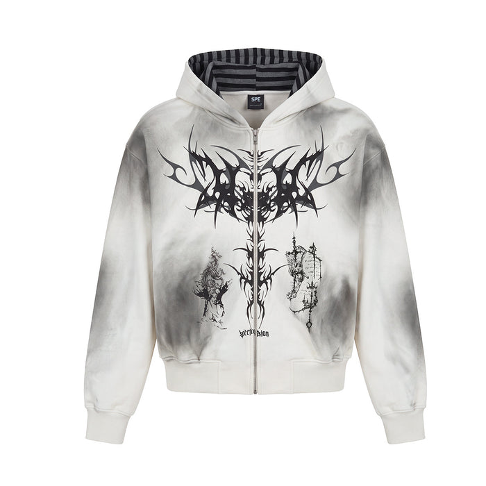 Front view of a white washed zip-up hoodie with a dark gothic tribal print and striped hood lining