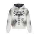 Front view of a white washed zip-up hoodie with a dark gothic tribal print and striped hood lining