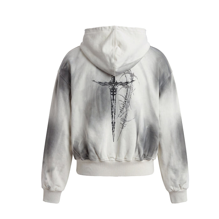 Back view of a white washed zip-up hoodie with a centered dark sword-like graphic