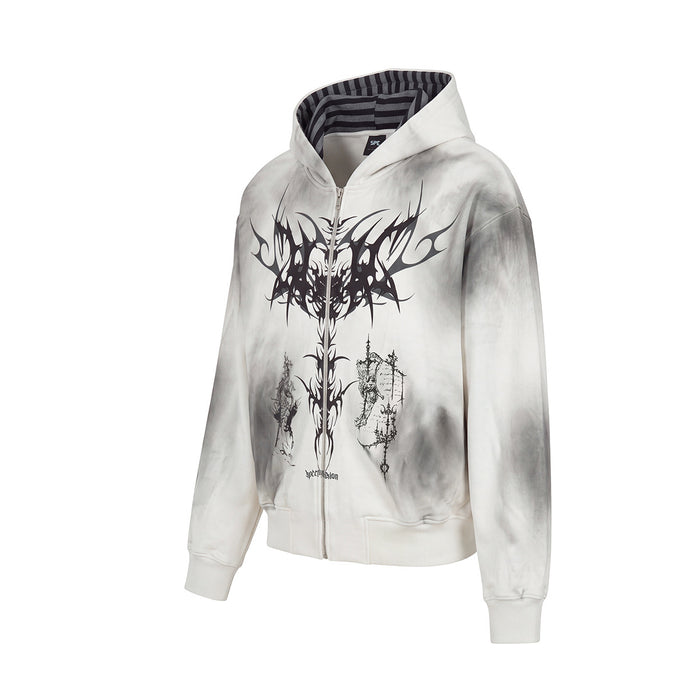 Angled front view of a white washed zip-up hoodie with a dark gothic tribal design
