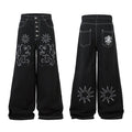 Black wide-leg jeans with white heraldic lion and star outline embroidery on the front legs, shown front and back