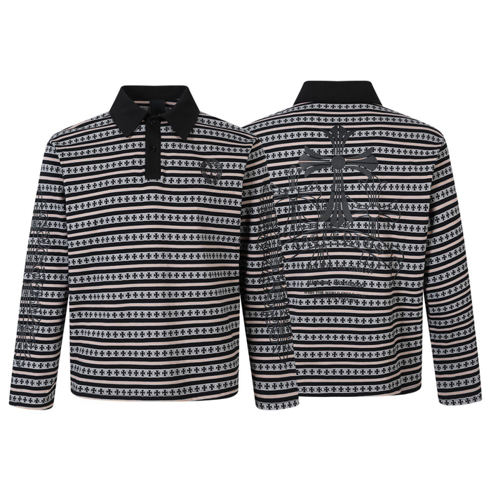 Black striped long sleeve polo shirt shown front and back to display cross graphics