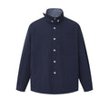 Navy high-collar relaxed-fit overshirt with contrast plaid inner collar and white buttons, front and back view
