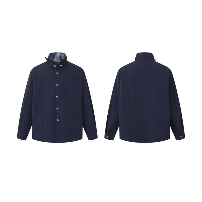 Navy high-collar button-up overshirt shown front and back with plaid inner collar