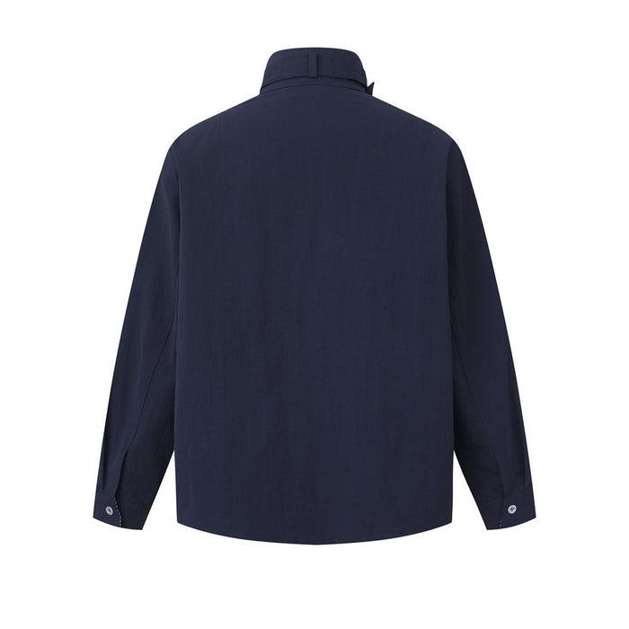 Back view of navy long-sleeve overshirt with high collar and straight hem