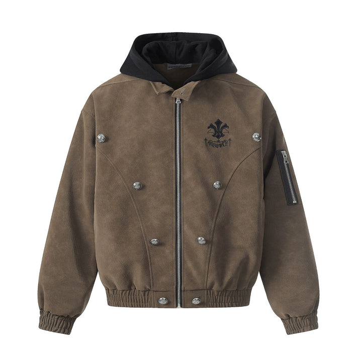 Brown hooded bomber jacket front with black hood, central zipper, metal snaps, chest crest, and sleeve pocket