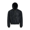 Oversized hooded bomber jacket with dual-pull zip and textured fabric in black, front view