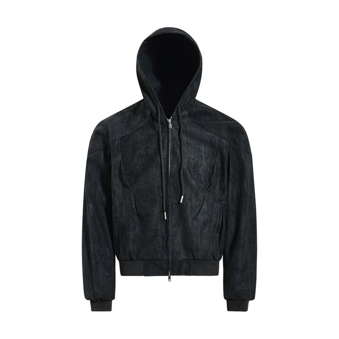 Oversized hooded bomber jacket with dual-pull zip and textured fabric in black, front view