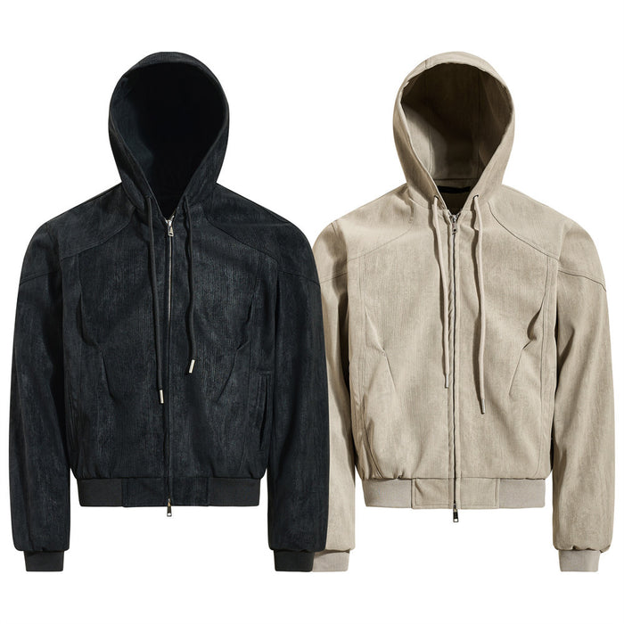 Black and beige hooded bomber jackets shown from the front with zip closures and ribbed cuffs