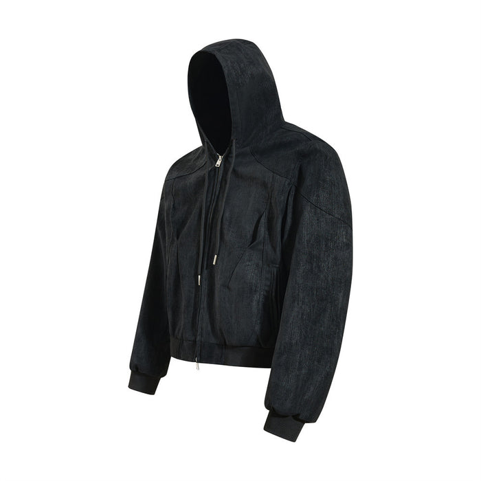 Black hooded bomber jacket shown at an angled front view with textured fabric and zip closure