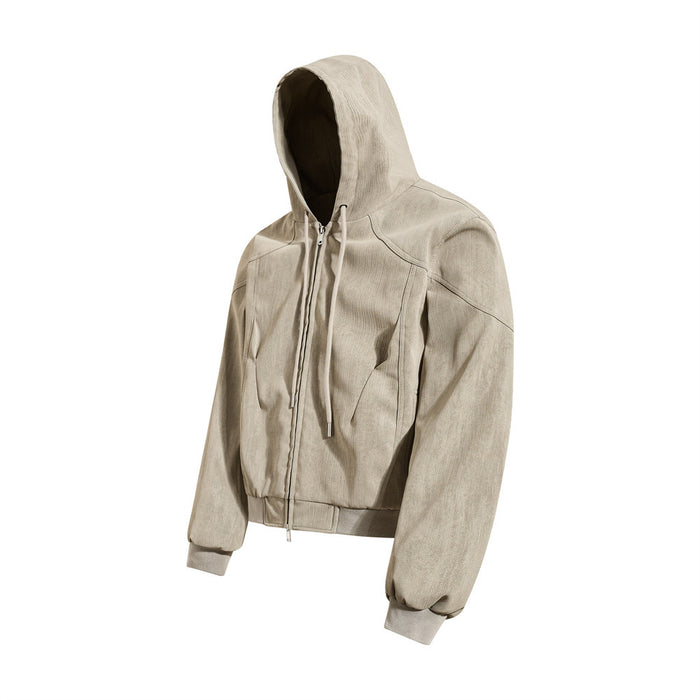 Beige hooded bomber jacket shown at an angled front view with textured fabric and hood