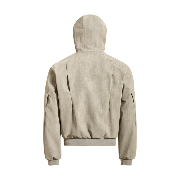 Beige hooded bomber jacket shown from the back with paneled seams and ribbed hem