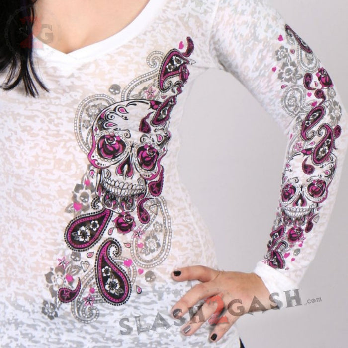 Hot Leathers Women's Sugar Paisley Burn-Out V-Neck Long Sleeve Shirt