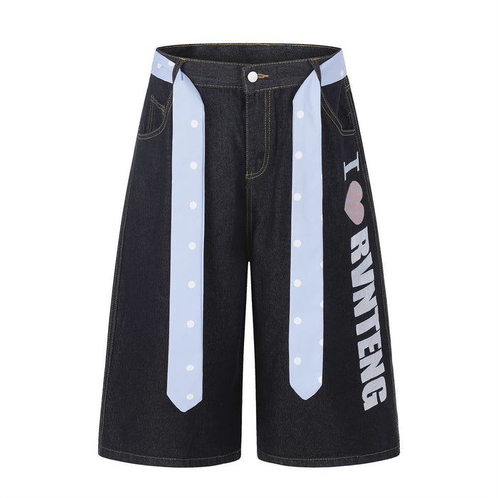 Front view of black wide-leg denim shorts with light blue polka dot tie belt and I ♥ RUNTENG print