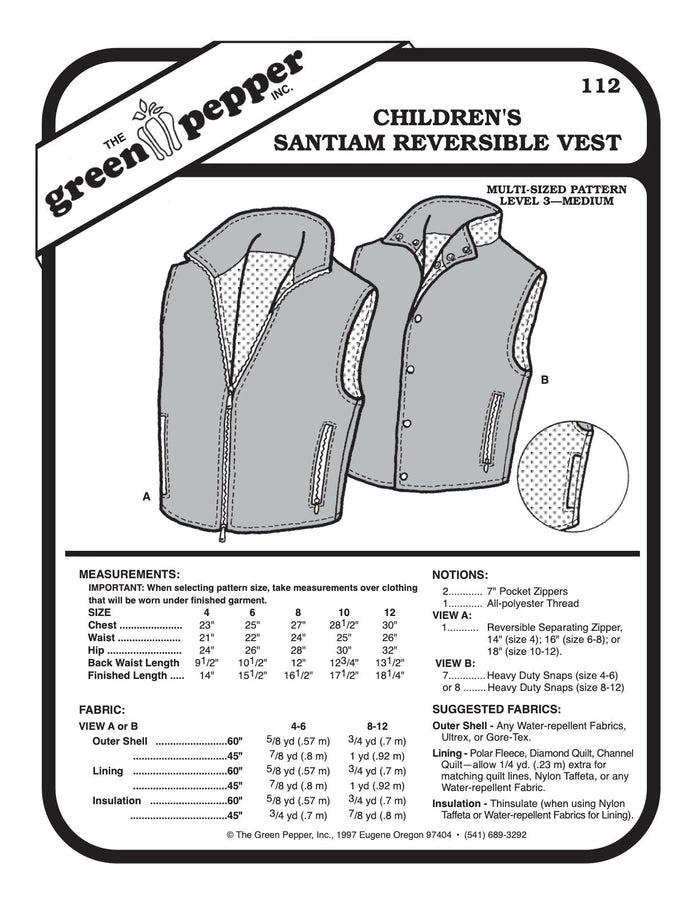 Kid’s Santiam Reversible Vest Pattern - 112 - The Green Pepper Patterns - Simplifi Fabric