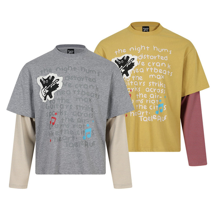 Gray and mustard long sleeve graphic tees with layered striped sleeves, front view