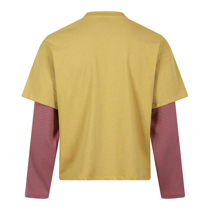 Mustard yellow long sleeve tee with red striped contrast sleeves, back view