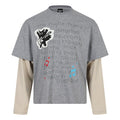 Gray long sleeve graphic tee with cream striped contrast sleeves, front view