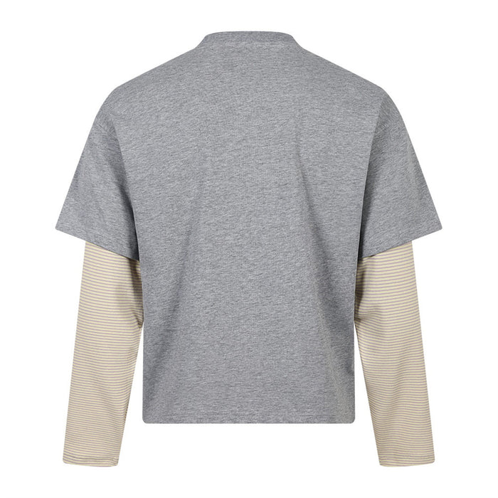 Gray long sleeve tee with cream striped sleeves, back view