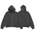 Dark charcoal hybrid vegan leather hooded zip jacket shown from front and back on white background