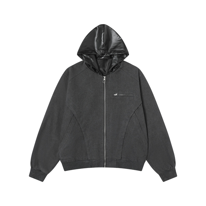 Front view of black hybrid hooded zip jacket with faux leather hood and chest pocket