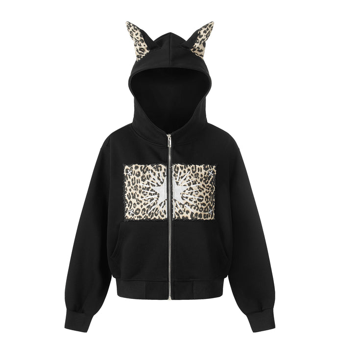 Black zip-up hoodie with leopard print chest panel and cat ear hood accents, front view