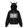 Black zip-up hoodie with leopard print chest panel and cat ear hood accents, front view