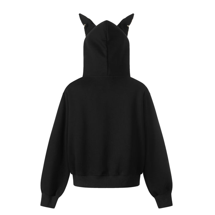 Black zip-up hoodie back view with cat ear hood and ribbed cuffs