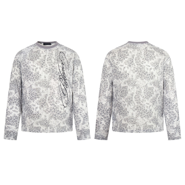 Leopard print long sleeve crew neck T-shirt shown front and back