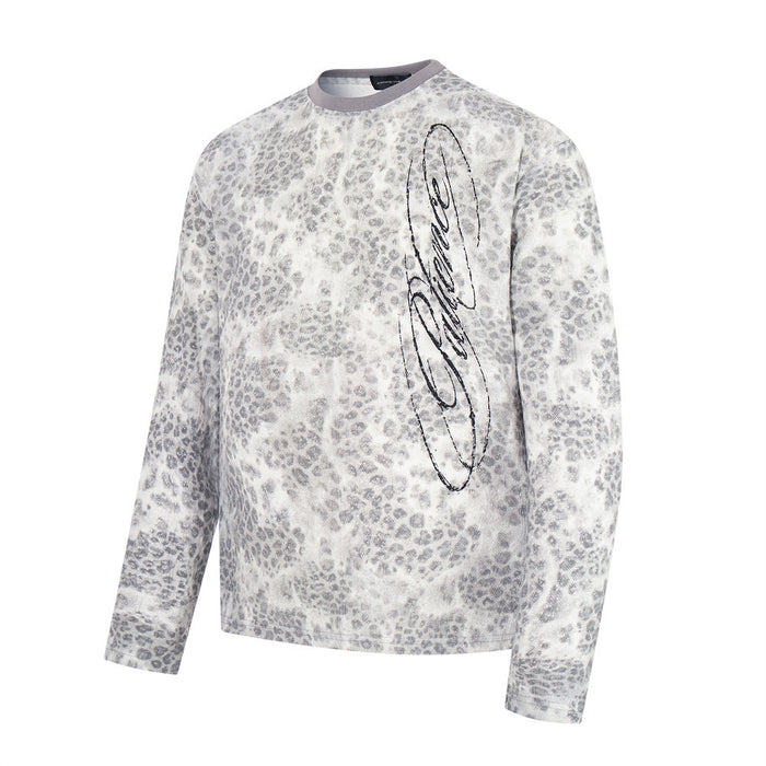 Front view of leopard print long sleeve crew neck T-shirt with vertical graphic