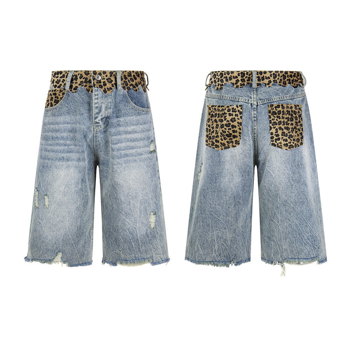 Men's leopard print patchwork acid-washed distressed denim Bermuda shorts front and back view