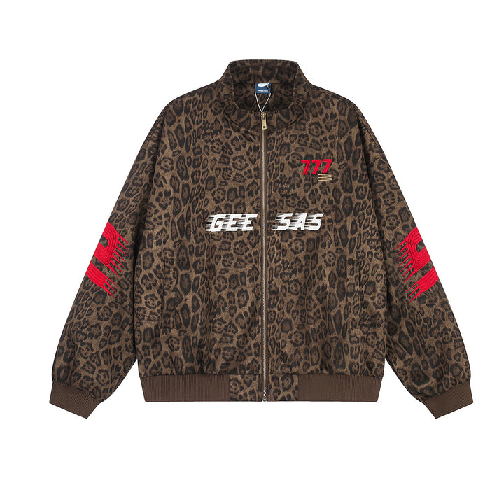 Oversized brown leopard print zip-up bomber jacket with stand collar, 777 embroidery, and red sleeve patches, shown front and