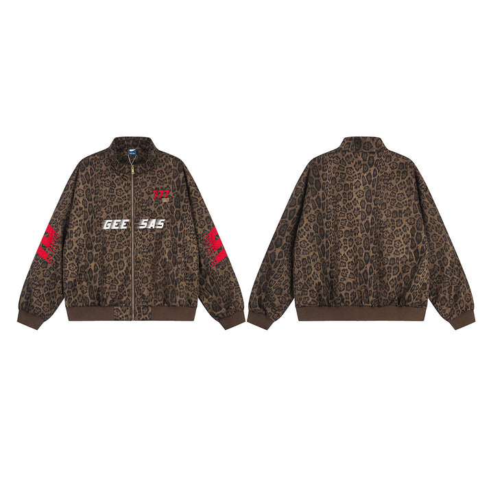 Brown leopard print zip-up bomber jacket shown from the front and back with stand collar, ribbed trim and embroidered graphics