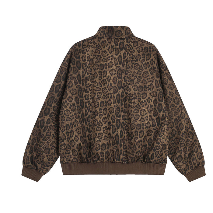 Back view of a brown leopard print bomber jacket with stand collar, zip closure and ribbed hem and cuffs