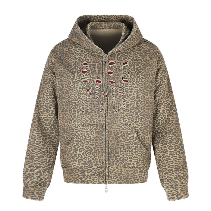 Oversized tan leopard print zip-up hoodie with distressed embroidered NEVER GIVE UP slogan on chest, front and back view