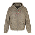 Oversized tan leopard print zip-up hoodie with distressed embroidered NEVER GIVE UP slogan on chest, front and back view