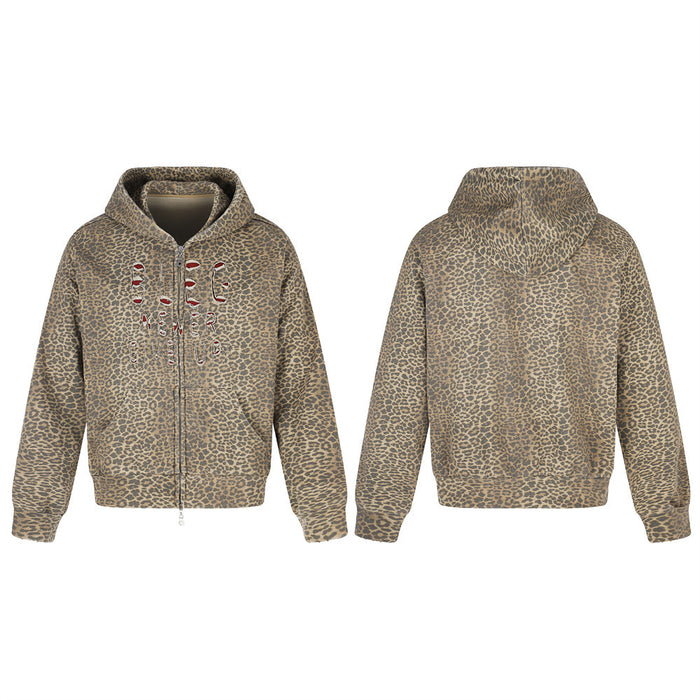 Leopard print zip-up hoodie shown front and back with distressed letter embroidery