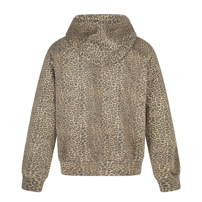 Back view of leopard print zip-up hoodie with hood and ribbed hem