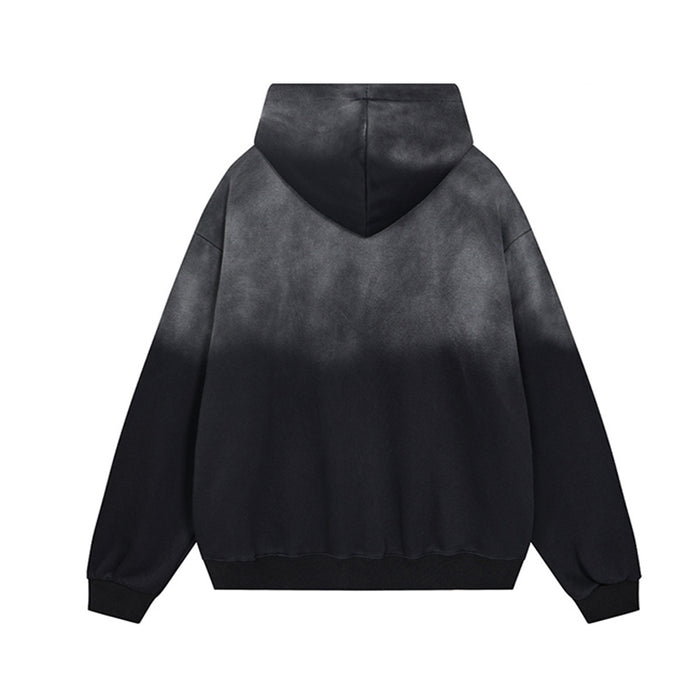 Back view of black acid-washed hoodie with a dark gradient finish and plain design