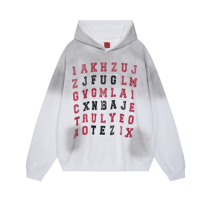 Front view of white oversized hoodie with distressed red and black letter grid graphic
