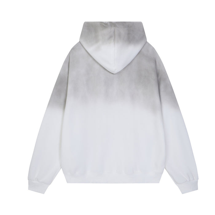 Back view of white hoodie showing a soft gray acid-washed gradient and plain panel