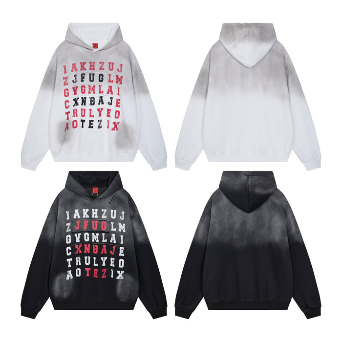 Four-view layout showing the front and back of white and black letter grid hoodies
