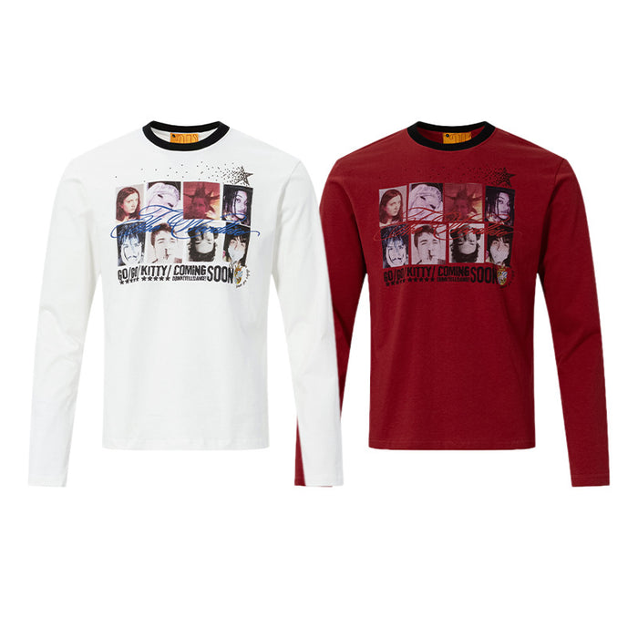 White and deep red long sleeve crew neck shirts with matching portrait collage graphics on the front