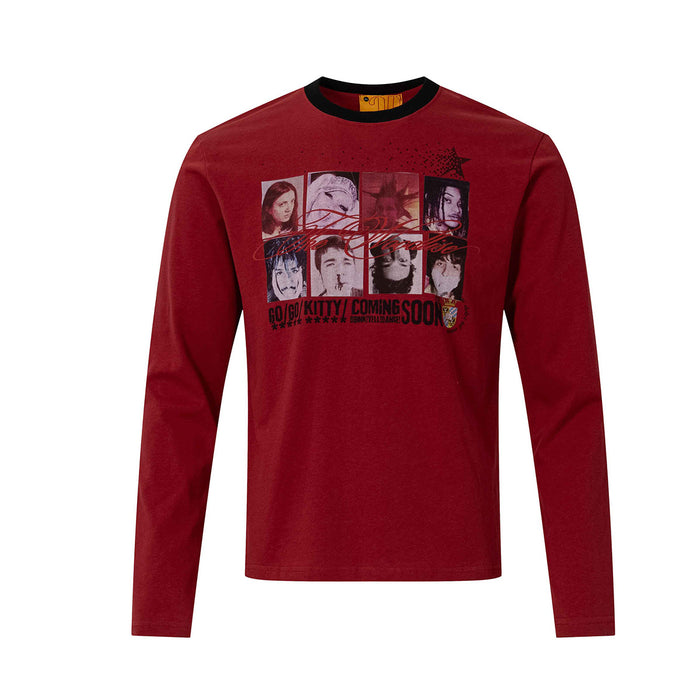 Long sleeve fitted crew neck tee with punk portrait grid graphic print in burgundy red with black rib collar